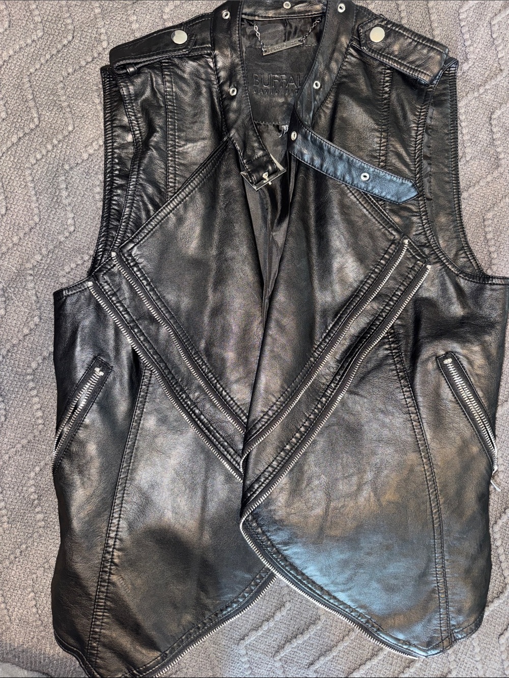 Buffalo David Bitton Black Leather Sleeveless Moto Vest